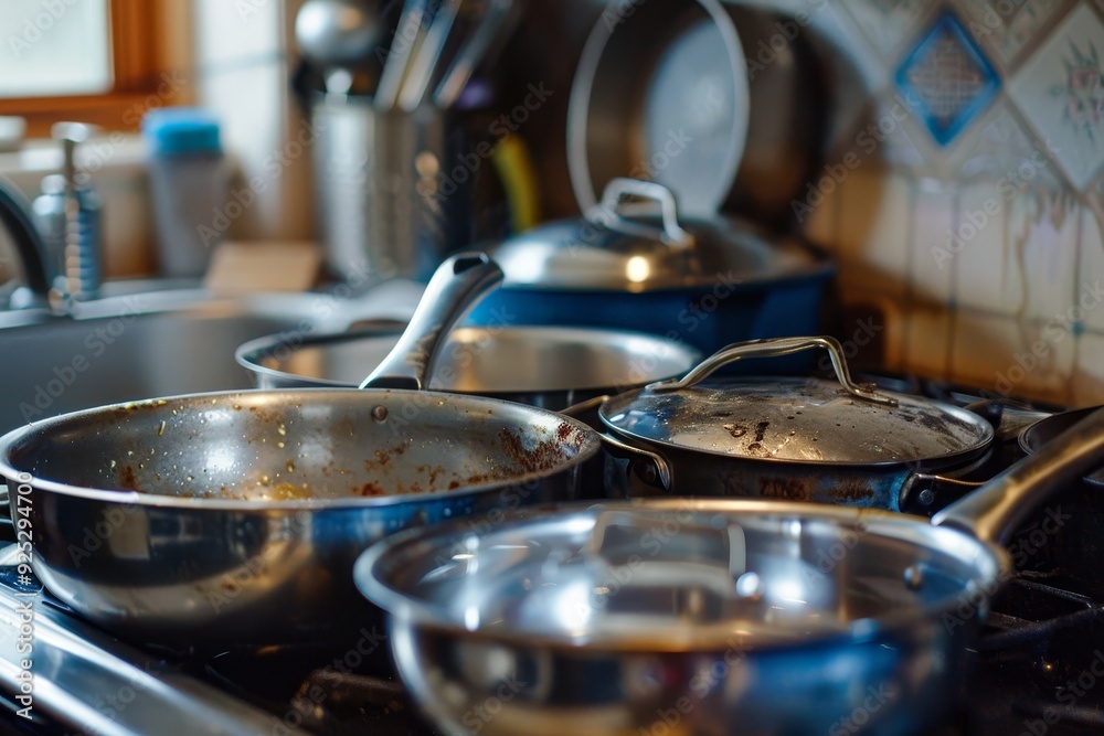 Various pots and pans arranged on a stove, creating a cluttered yet functional kitchen scene, Pots and pans clang as they are moved to make room for cleaning Various pots and pans arranged on a stove, creating a cluttered yet functional kitchen scene, Pots and pans clang as they are moved to make room for cleaning