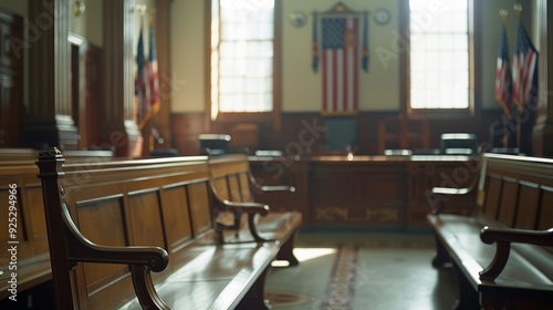 Courtroom Interior with Wooden Benches and American Flag