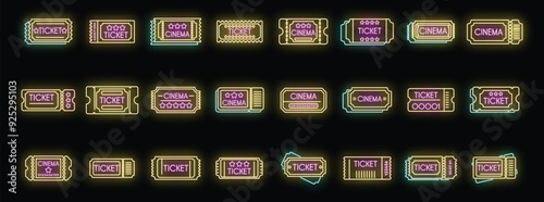 Set of cinema ticket icons with neon effect, perfect for representing access to entertainment and leisure
