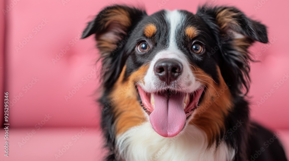 Funny and hungry Australian Shepherd licking his lips with his tongue on pink pastel background. Funny and hungry Australian Shepherd licking his lips with his tongue on pink pastel background.
