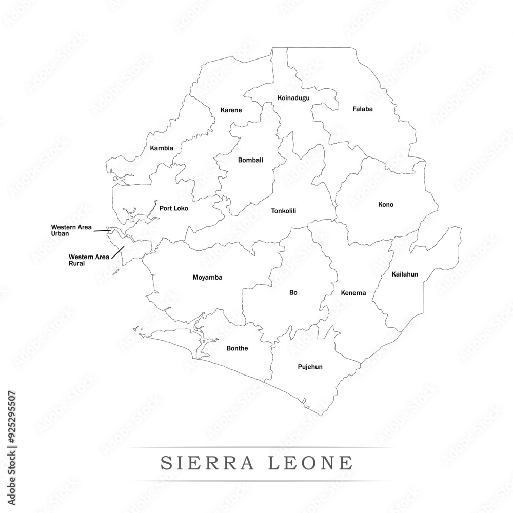 Administrative regions of SIERRA LEONE. Province, state, division name with white map with black outline. Vector illustration Administrative regions of SIERRA LEONE. Province, state, division name with white map with black outline. Vector illustration