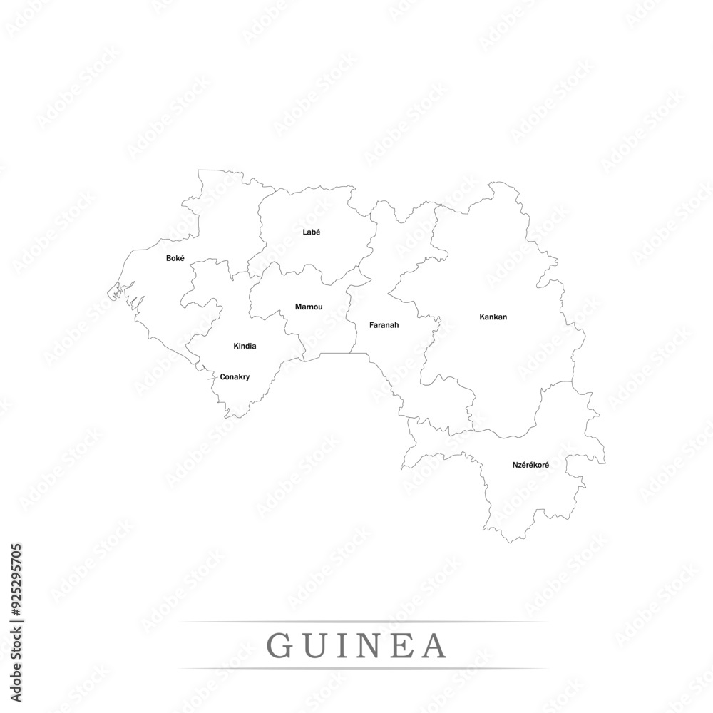 Administrative regions of GUINEA. Province, state, division name with white map with black outline. Vector illustration Administrative regions of GUINEA. Province, state, division name with white map with black outline. Vector illustration