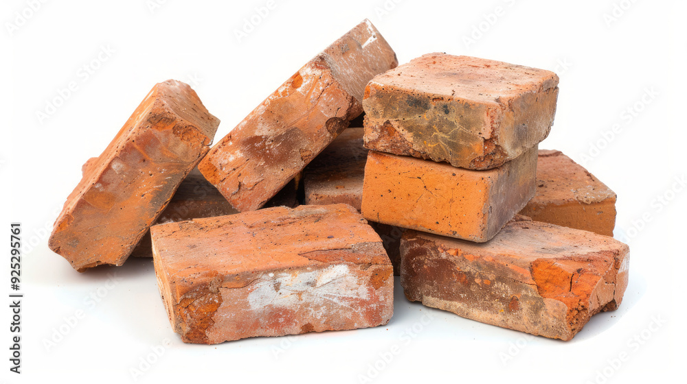 Stack of rustic red bricks in disarray on a white background. Concept of construction materials, building foundation, masonry work, home improvement Stack of rustic red bricks in disarray on a white background. Concept of construction materials, building foundation, masonry work, home improvement