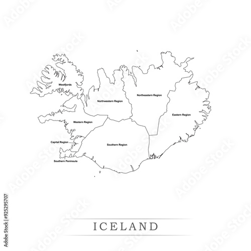 Administrative regions of ICELAND. Province, state, division name with white map with black outline. Vector illustration	