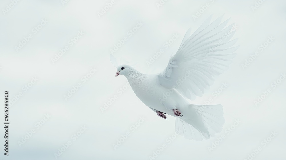 A white dove taking flight against a white sky A white dove taking flight against a white sky