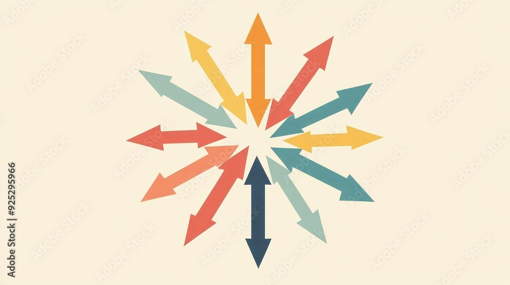 A dynamic arrangement of arrows pointing in multiple directions, symbolizing diversity, options, and movement toward various paths A dynamic arrangement of arrows pointing in multiple directions, symbolizing diversity, options, and movement toward various paths