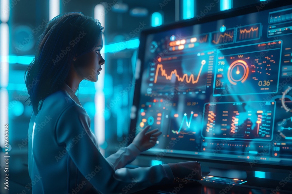A woman focused on a computer screen, possibly working or browsing online, Produce a 3D rendering of a virtual financial advisor assisting a user with investment decisions A woman focused on a computer screen, possibly working or browsing online, Produce a 3D rendering of a virtual financial advisor assisting a user with investment decisions