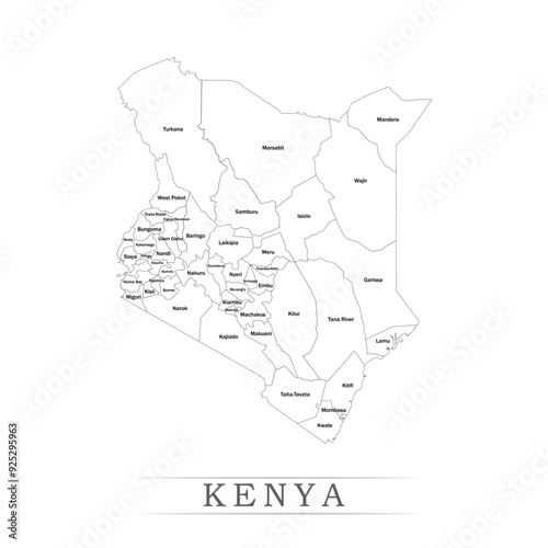 Administrative regions of KENYA. Province, state, division name with white map with black outline. Vector illustration	