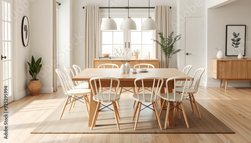 Scandinavian Dining Room with Wooden Table