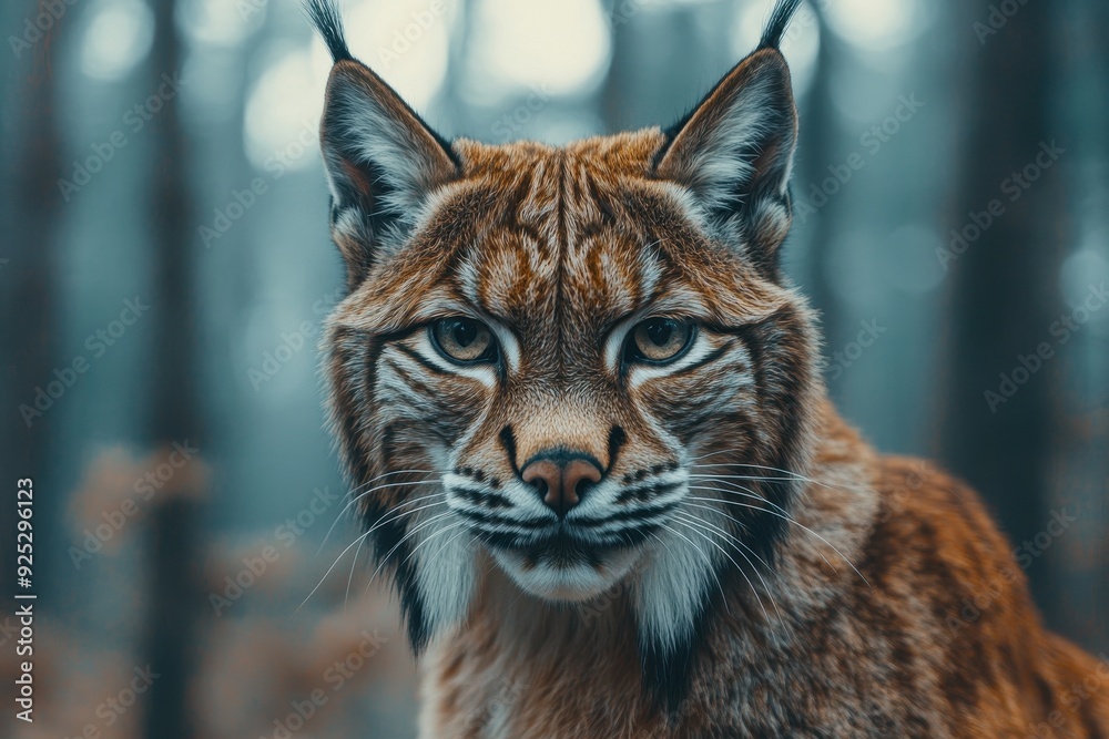 Fototapeta premium Lynx with piercing eyes in a forest landscape
