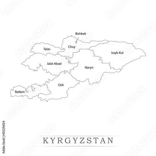 Administrative regions of KYRGYZSTAN. Province, state, division name with white map with black outline. Vector illustration	