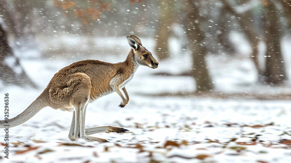 Kangaroo in a snowy forest. Concept of winter wildlife, unexpected environment, animal adaptation, nature contrast Kangaroo in a snowy forest. Concept of winter wildlife, unexpected environment, animal adaptation, nature contrast