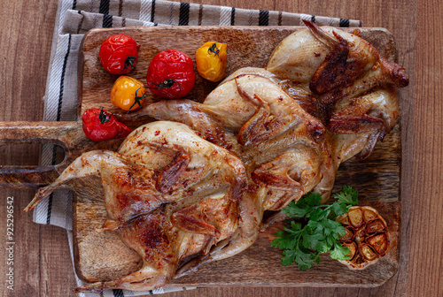 grilled quail meat, on a wooden chopping board, tobacco, in the oven, with spices, homemade, without people, photo