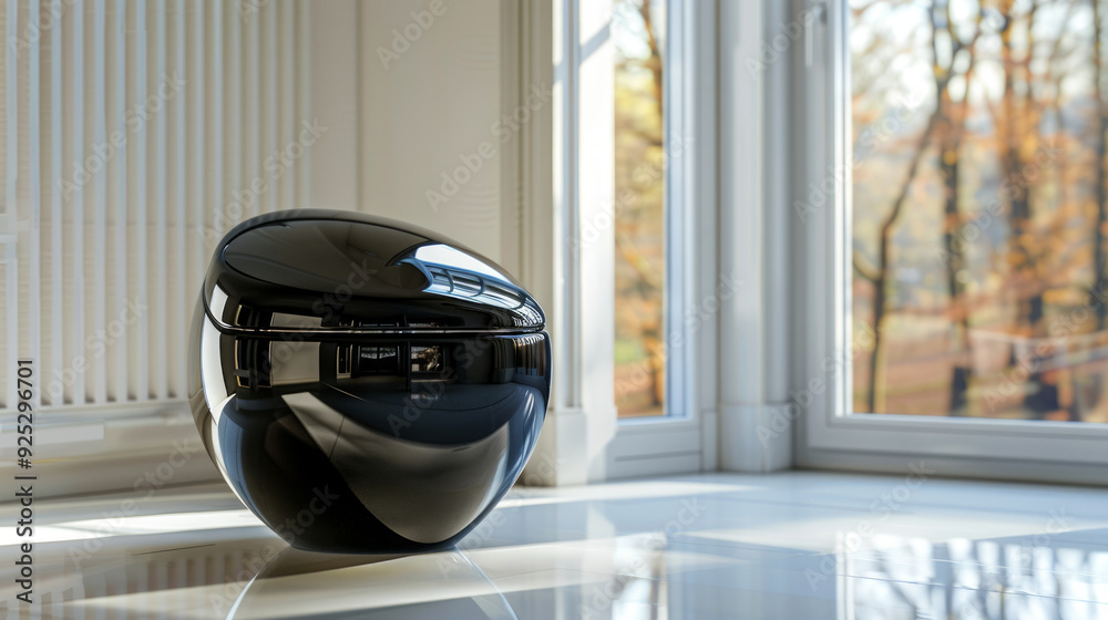 Fototapeta premium Round glossy black toilet with a modern design placed near a large window with greenery outside. Concept of luxurious bathroom fixtures, contemporary interior design, unique home decor