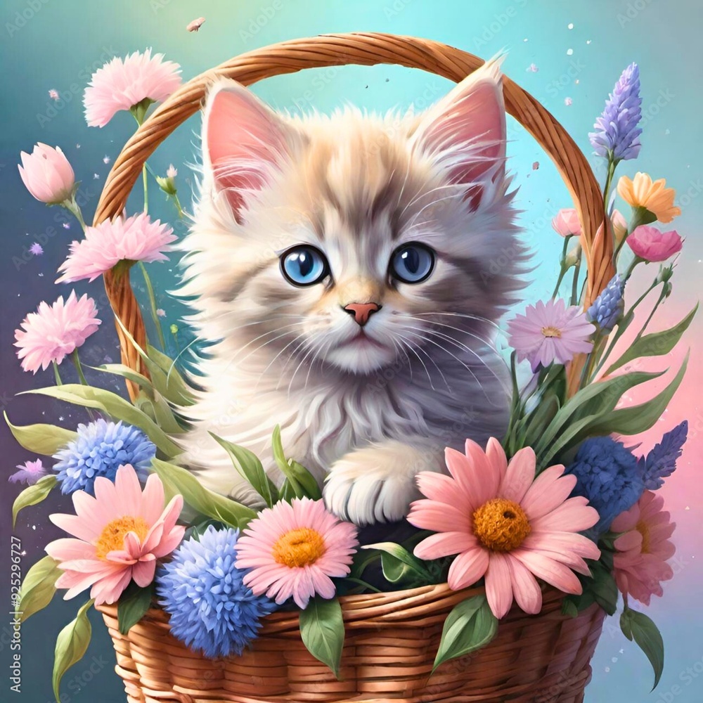Cute kitten in a basket with flowers Cute kitten in a basket with flowers
