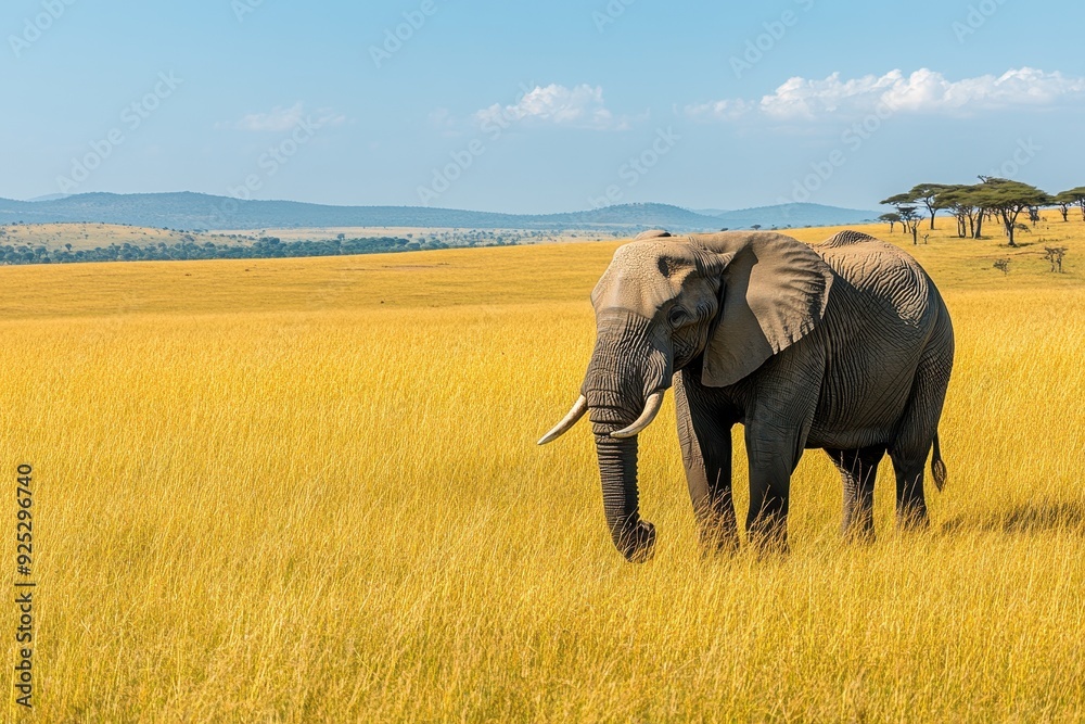 Obraz premium Majestic elephant strolling through golden grassland in serene landscape