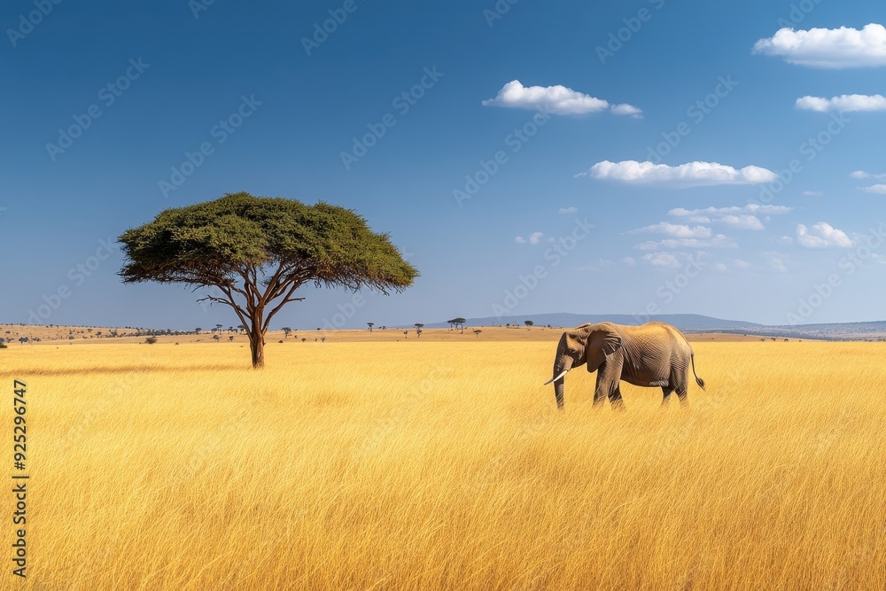 Majestic elephant strolling through golden grasslands under blue sky Majestic elephant strolling through golden grasslands under blue sky
