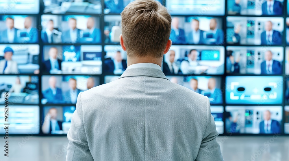 Man in a suit standing in front of multiple screens, monitoring broadcasts. Concept of control room, media surveillance, and analysis.