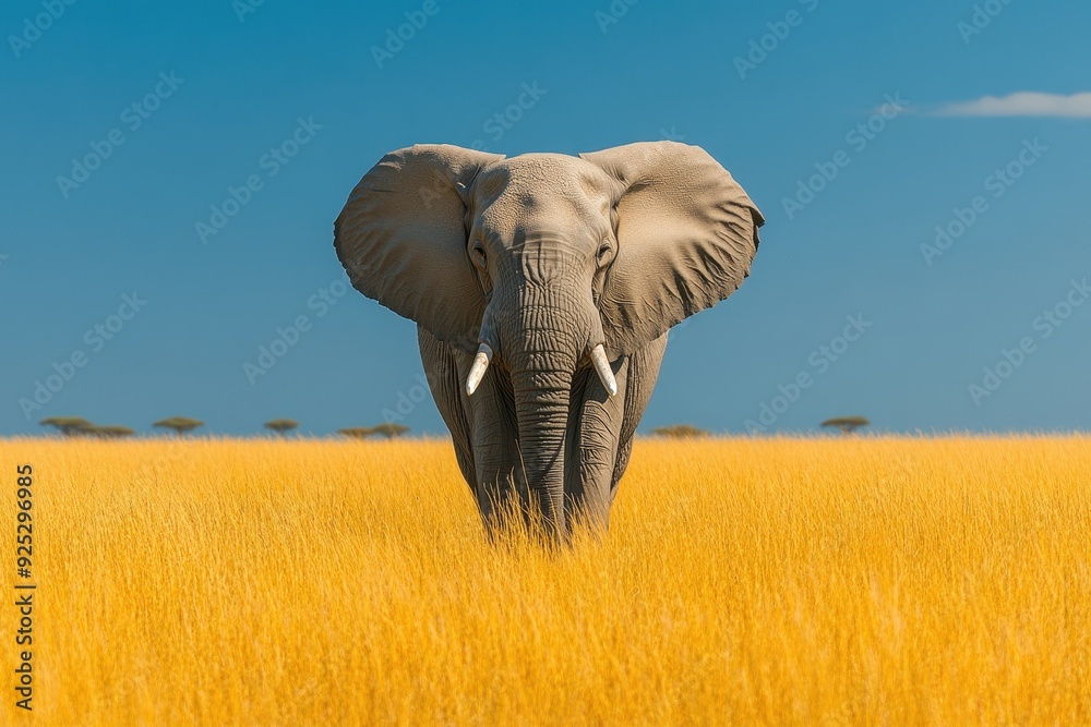 Fototapeta premium Majestic elephant wandering through golden grasslands on a sunny day