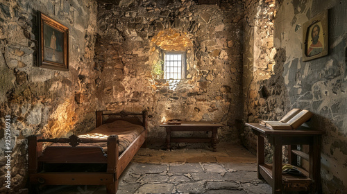 Simple monks cell in a monastery. Sunlit Rustic Room with Stone Walls and Wooden Furniture. Concept of Spiritual Retreat, Solitude, Religious Devotion, Historical Monastery, Minimalist Living