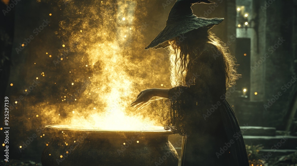 Fototapeta premium A witch stirring a bubbling cauldron of mysterious ingredients