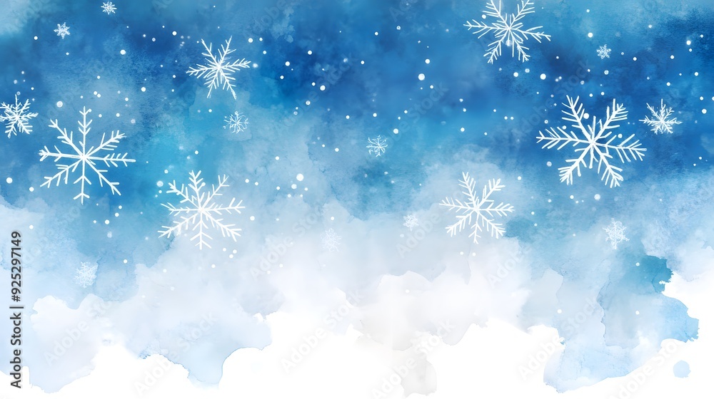 Abstract blue watercolor background with snowflakes and glitter, a Christmas wallpaper design with copy space for text. Abstract blue watercolor background with snowflakes and glitter, a Christmas wallpaper design with copy space for text.
