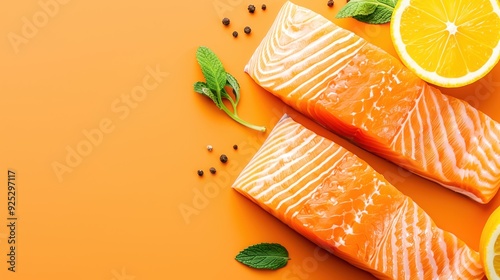 Fresh salmon fillets with orange slices and herbs on an orange background. Perfect for culinary or health-related themes.