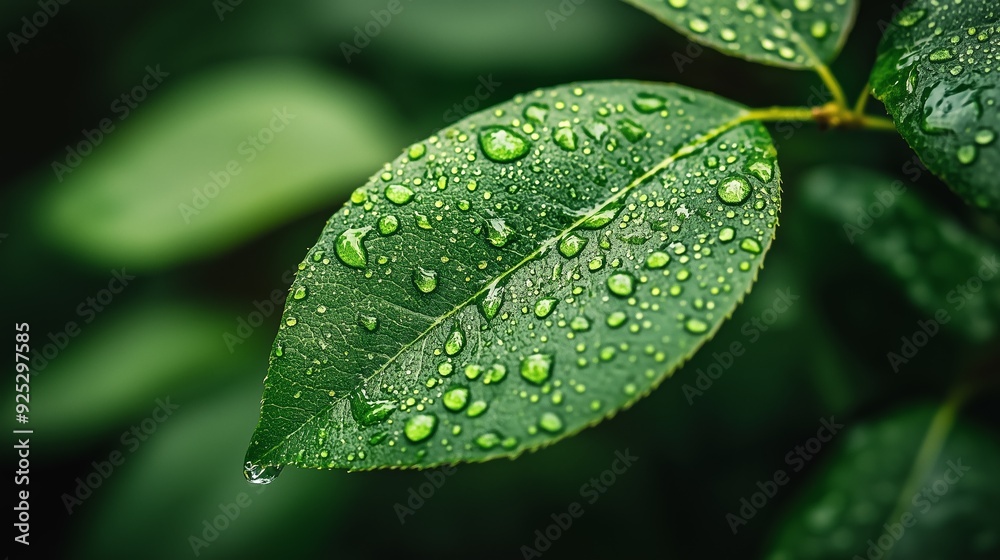 Green Leaf with Water Droplets After Rain Green Leaf with Water Droplets After Rain