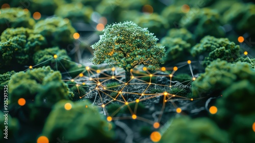 Conceptual image of a tree connected by a digital network in a forest, representing technology integration and environmental connectivity.