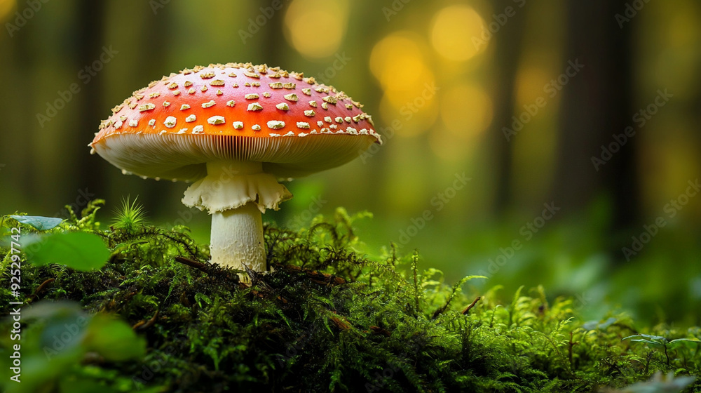Fototapeta premium Magic mushrooms in the forest - sunlight and foggy atmosphere