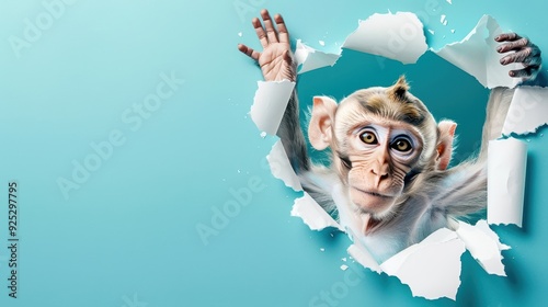 Curious monkey breaks through paper wall, creating a hole in the background. Fun and playful concept for innovative ideas or creative projects.
