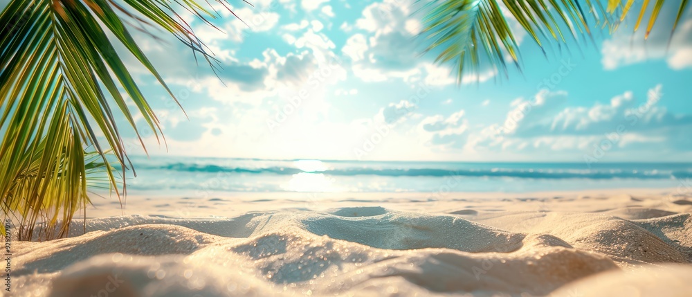 Obraz premium Peaceful tropical beach with golden sand, palm tree leaves, and a serene ocean view under a bright blue sky with fluffy clouds.