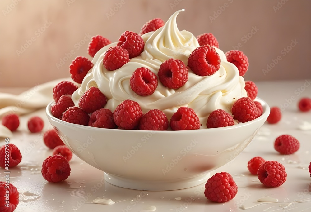 portrait of a cream dessert with raspberries