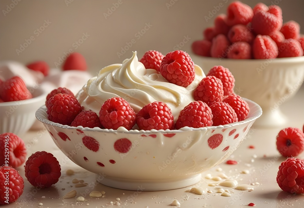 portrait of a cream dessert with raspberries portrait of a cream dessert with raspberries
