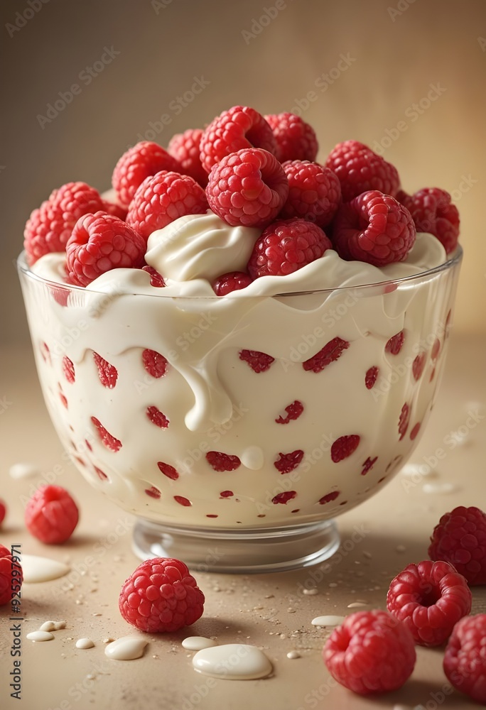 portrait of a cream dessert with raspberries