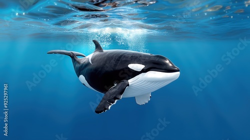 A majestic orca swimming gracefully underwater, showcasing its sleek black and white body against the deep blue ocean backdrop.