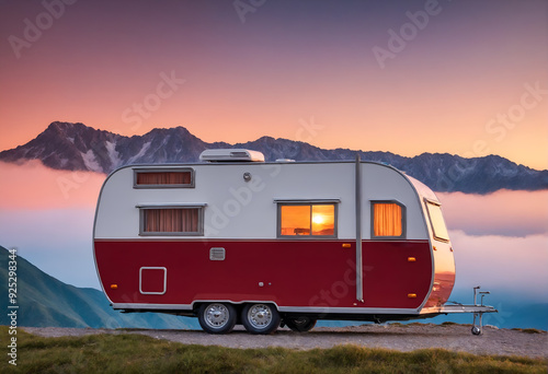 Caravan house trailer camping in mountain nature