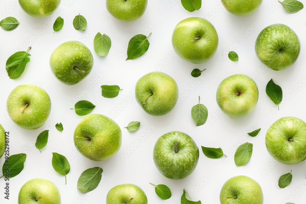 Fototapeta premium Pattern of green apples and leaves on a white background. Seamless Pattern. AI generated images.