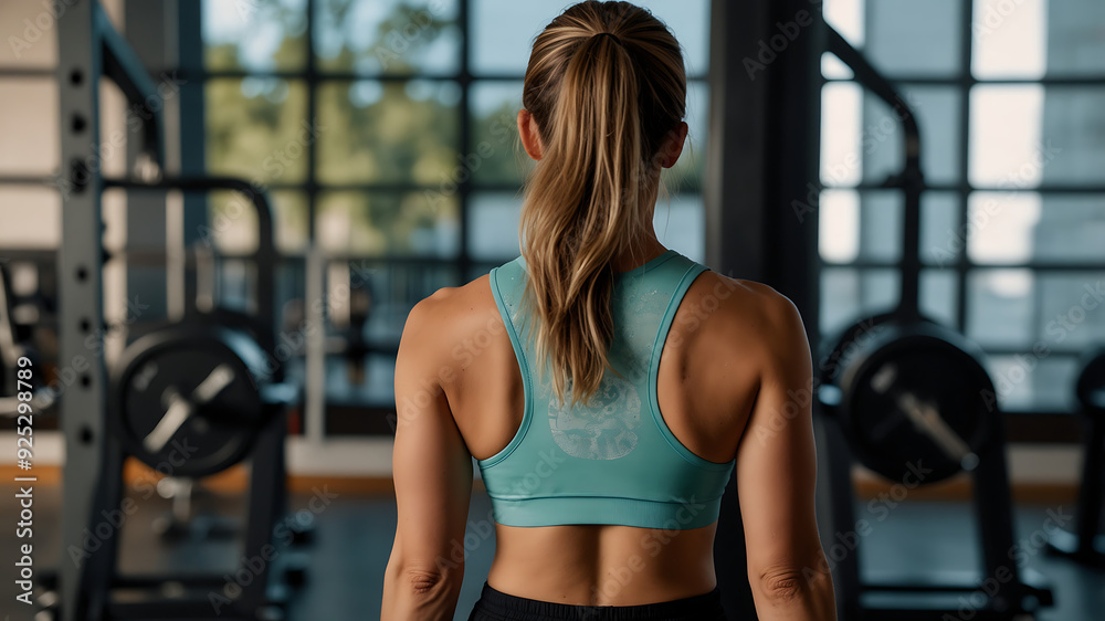 backside view of woman in a commercial gym lifting weights and working out backside view of woman in a commercial gym lifting weights and working out