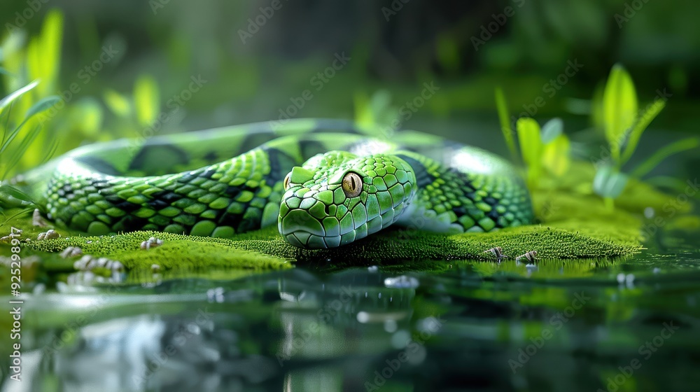 Close-up of a vibrant green snake in its natural habitat, resting on the wet grass by a serene water body, surrounded by lush vegetation. Close-up of a vibrant green snake in its natural habitat, resting on the wet grass by a serene water body, surrounded by lush vegetation.