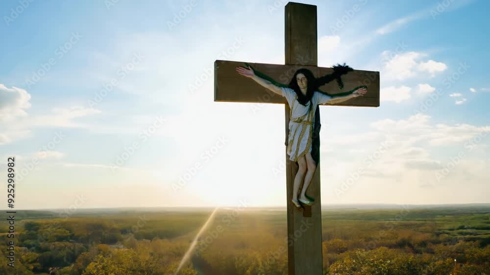 Cross With Figure at Sunset Over a Vast Landscape Generative AI Cross With Figure at Sunset Over a Vast Landscape Generative AI