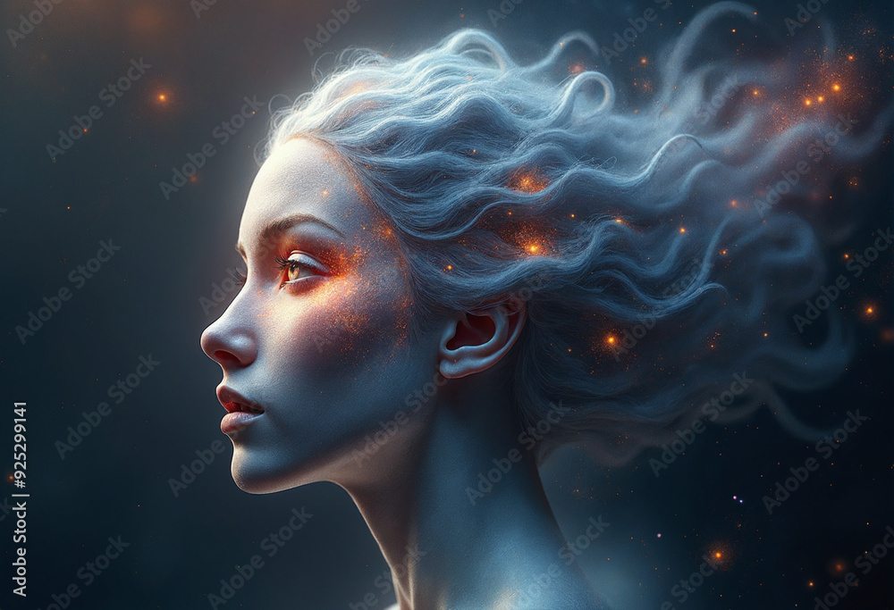 Ethereal head of a galactic deity floating in space, her eyes are formed from nebulae and starlight Ethereal head of a galactic deity floating in space, her eyes are formed from nebulae and starlight