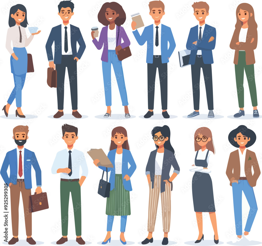 Print A flat cartoon character set depicting a diverse and stylish group of young professionals, representing teamwork and modern corporate life. Print A flat cartoon character set depicting a diverse and stylish group of young professionals, representing teamwork and modern corporate life.
