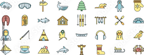 Set of north, alaska and arctic colorful icons showing local culture, wildlife and nature