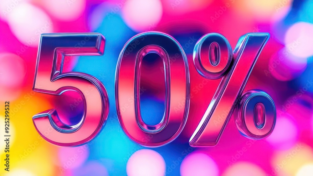 50% sign against a bright and colorful pink, purple, blue, and orange bokeh background. Black Friday or Cyber Monday concept 50% sign against a bright and colorful pink, purple, blue, and orange bokeh background. Black Friday or Cyber Monday concept