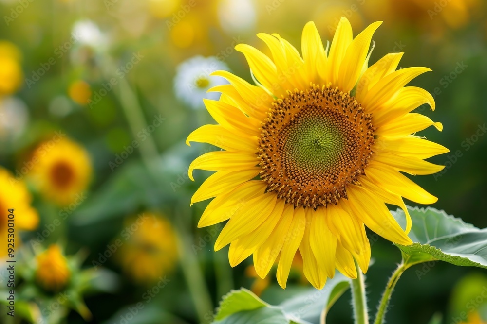 A large sunflower towering over a vast field of sunflowers in bloom under the suns warm light, Radiant sunflowers and daisies