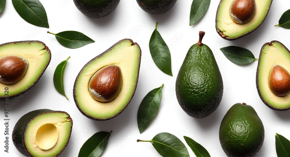 Fresh avocado fruits with green leaves on white background. Top view, flat lay. Eating healthy fats. Generative AI Fresh avocado fruits with green leaves on white background. Top view, flat lay. Eating healthy fats. Generative AI