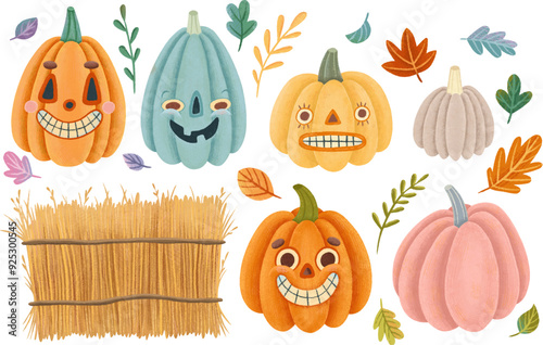 Halloween carved pumpkins, autumn leaves and haystack isolated elements set