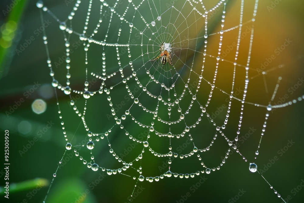 A spiders web covered in sparkling water droplets after a rain shower, Raindrops like crystals on a spider's web A spiders web covered in sparkling water droplets after a rain shower, Raindrops like crystals on a spider's web