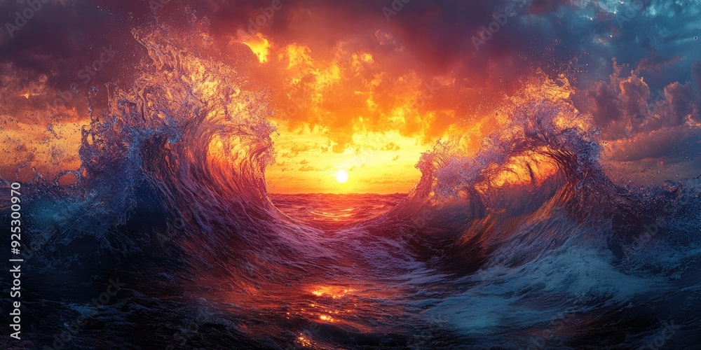 Fiery Sunset Over a Sea of Waves Fiery Sunset Over a Sea of Waves